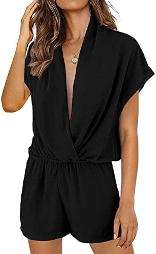 Stratuxx Kaze Womens Summer Solid Color Shorts Jumpsuit Wrap V Neck Short Sleeve Casual Loose Slant Pockets Chifon Fabric