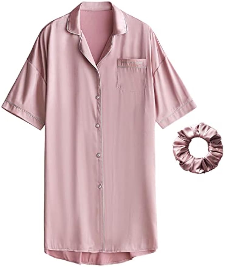 Women's Silk Satin Sleep Shirts Short Sleeve Sleepwear Nightshirt Button-Down Pajama Shirt Free Size Sleepwear Loose Fit