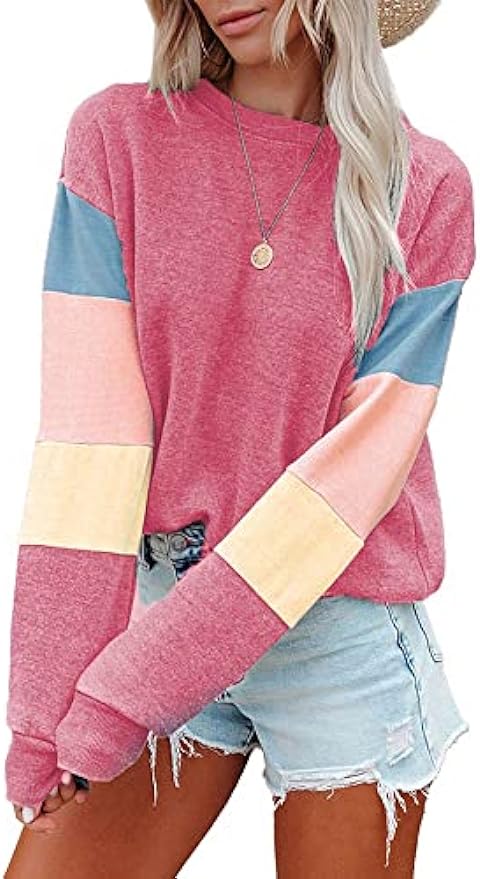 Stratuxx Kaze Womens Crew-neck Sweatshirt Long Sleeves Block Contrast colors Casual Pullover Cute Fleeces Tops Loose Fit