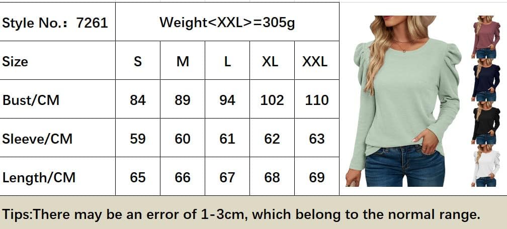 Womens Crewneck Tops Puff Sleeve Slim Fit Long Sleeve T-Shirt