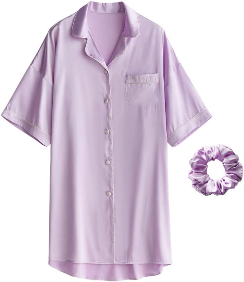 Women's Silk Satin Sleep Shirts Short Sleeve Sleepwear Nightshirt Button-Down Pajama Shirt Free Size Sleepwear Loose Fit