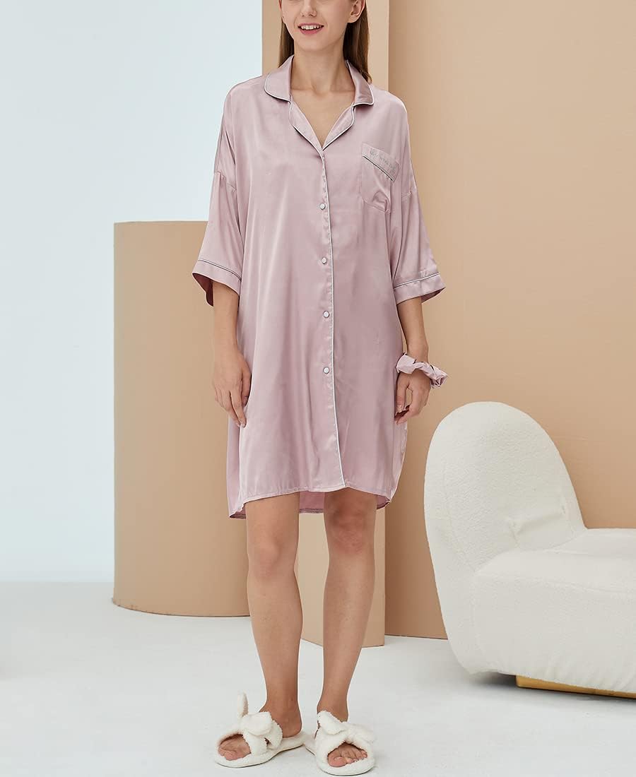 Women's Silk Satin Sleep Shirts Short Sleeve Sleepwear Nightshirt Button-Down Pajama Shirt Free Size Sleepwear Loose Fit