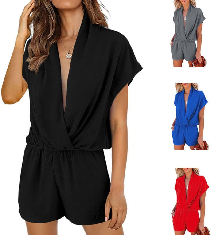 Stratuxx Kaze Womens Summer Solid Color Shorts Jumpsuit Wrap V Neck Short Sleeve Casual Loose Slant Pockets Chifon Fabric