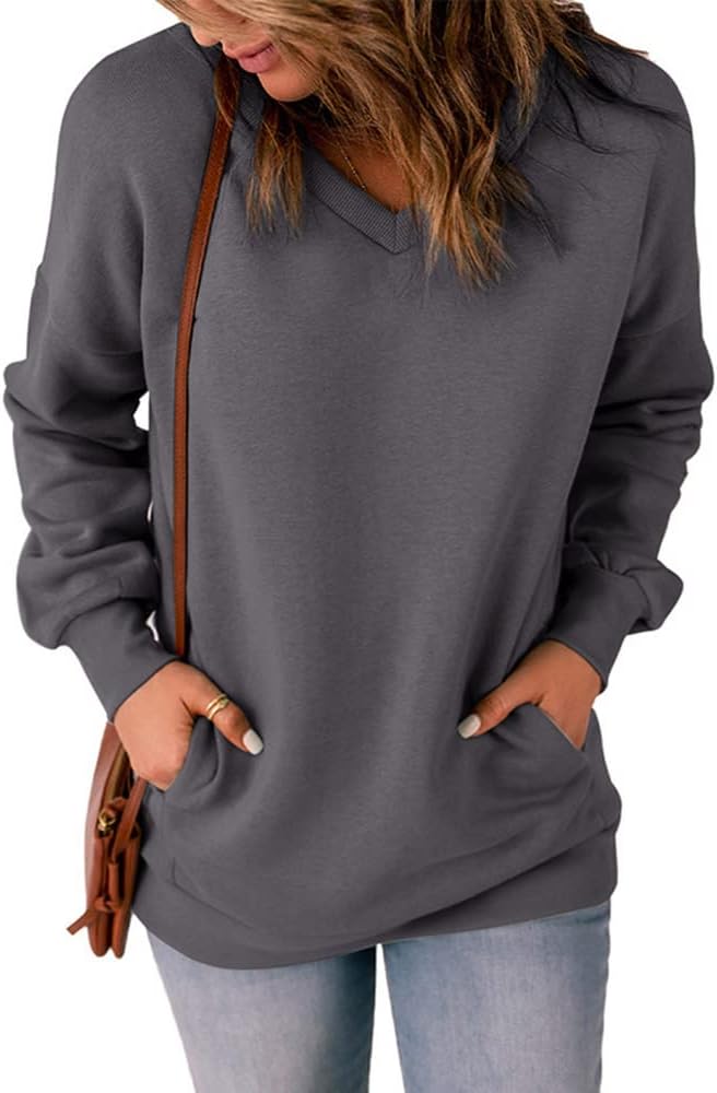 Stratuxx Kaze Women's V-neck Sweatshirts Relaxed Fit Long Sleeve Sweatshirt Womens Pullover Gray Black Green