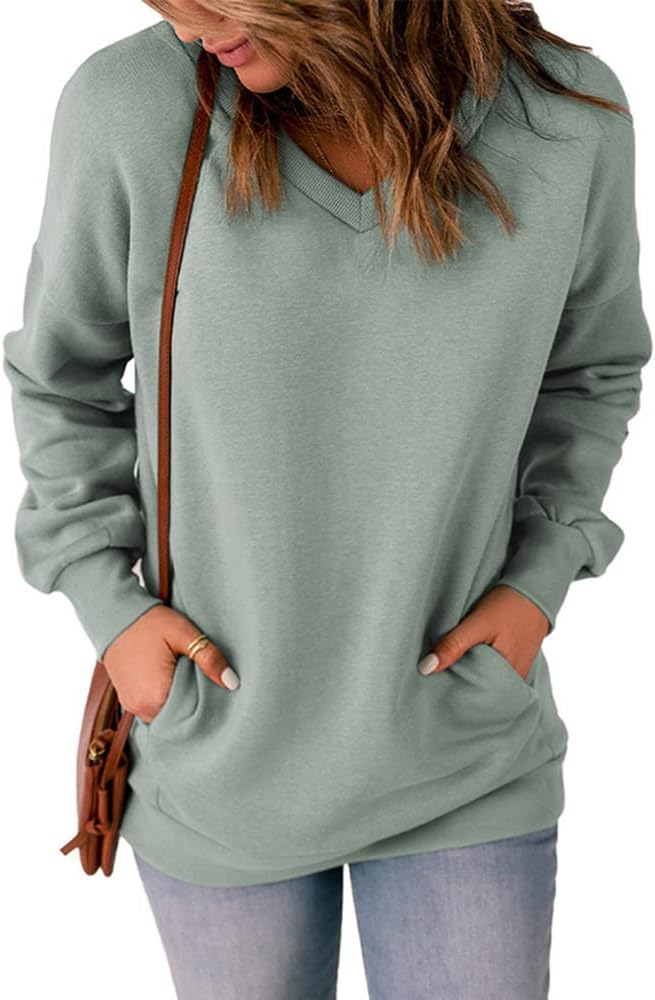 Stratuxx Kaze Women's V-neck Sweatshirts Relaxed Fit Long Sleeve Sweatshirt Womens Pullover Gray Black Green