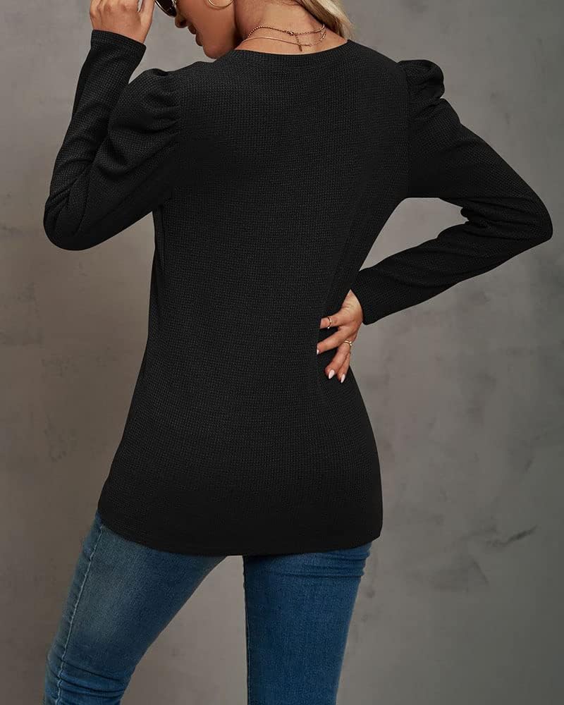 Womens Crewneck Tops Puff Sleeve Slim Fit Long Sleeve T-Shirt