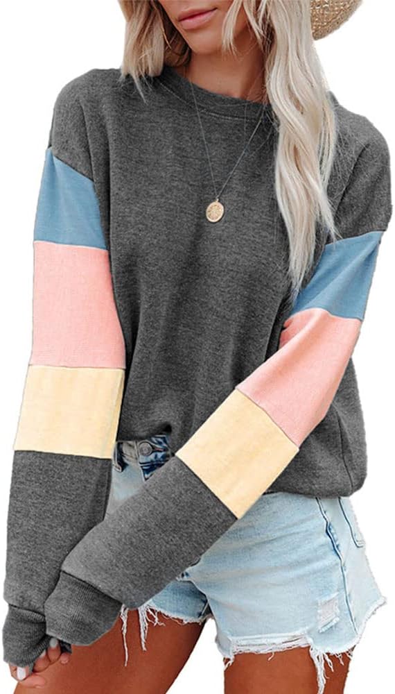 Stratuxx Kaze Womens Crew-neck Sweatshirt Long Sleeves Block Contrast colors Casual Pullover Cute Fleeces Tops Loose Fit