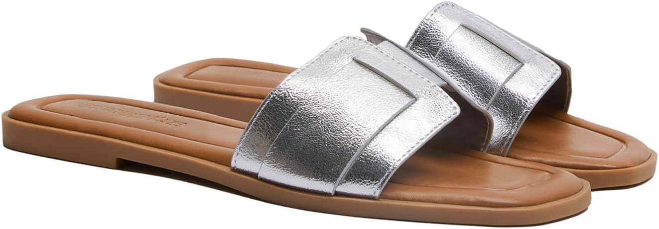 Stratuxx Kaze Womens Sandal Flat H-Band Slide Sandal,White, Black, Metallic Sandals