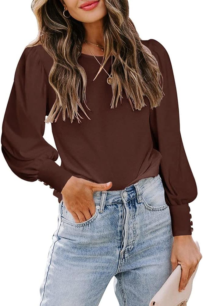 Stratuxx Kaze Women Casual Crew-Neck T-Shirts Loose Puff Long Sleeve Tops Business Casual Tunics S-XXL