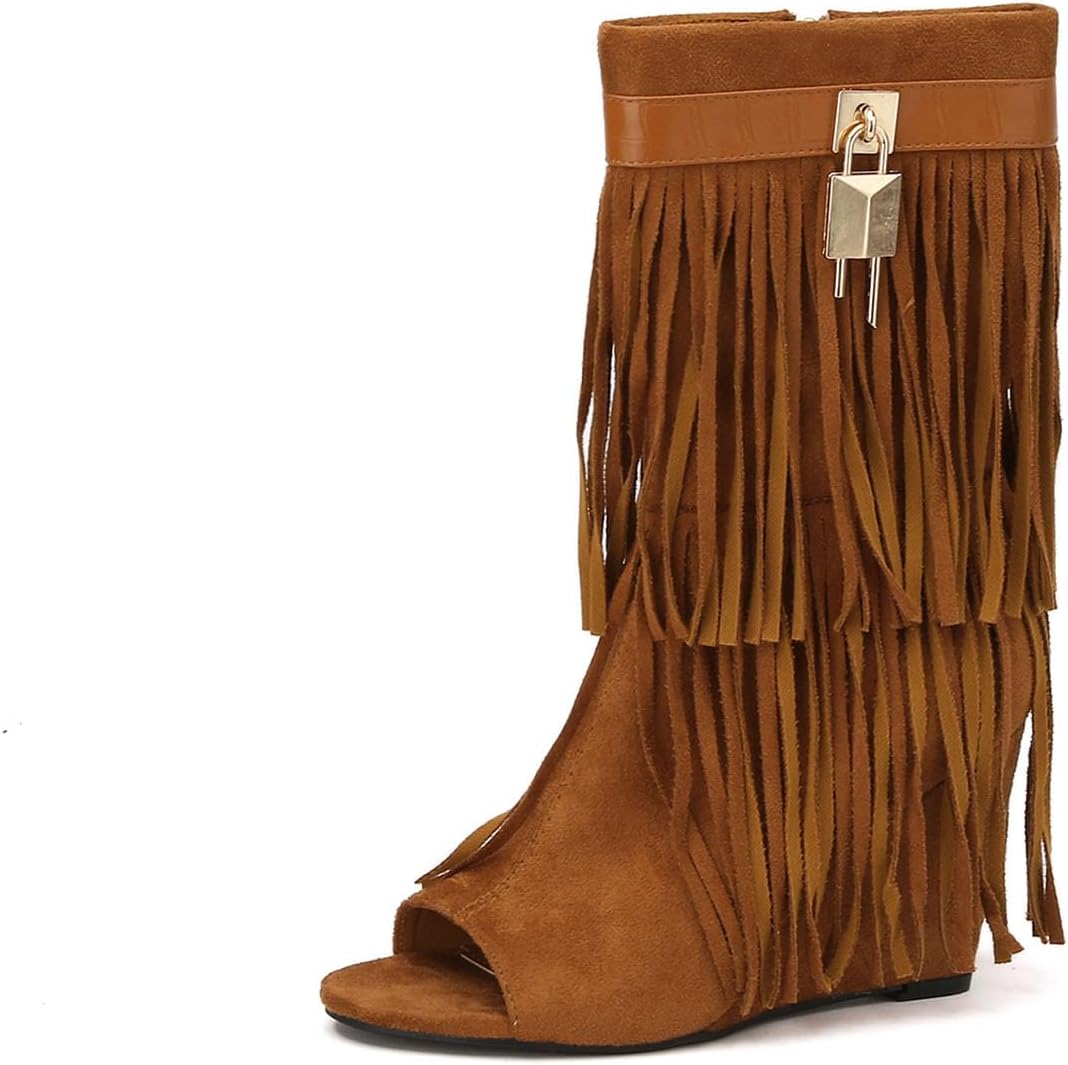 Stratuxx Kaze Women's Fringe Western Boots Wide Calf Riding Boots Cowboy Cowgirl Mid-Calf Boots