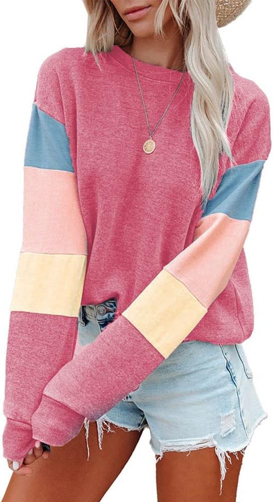 Stratuxx Kaze Womens Crew-neck Sweatshirt Long Sleeves Block Contrast colors Casual Pullover Cute Fleeces Tops Loose Fit