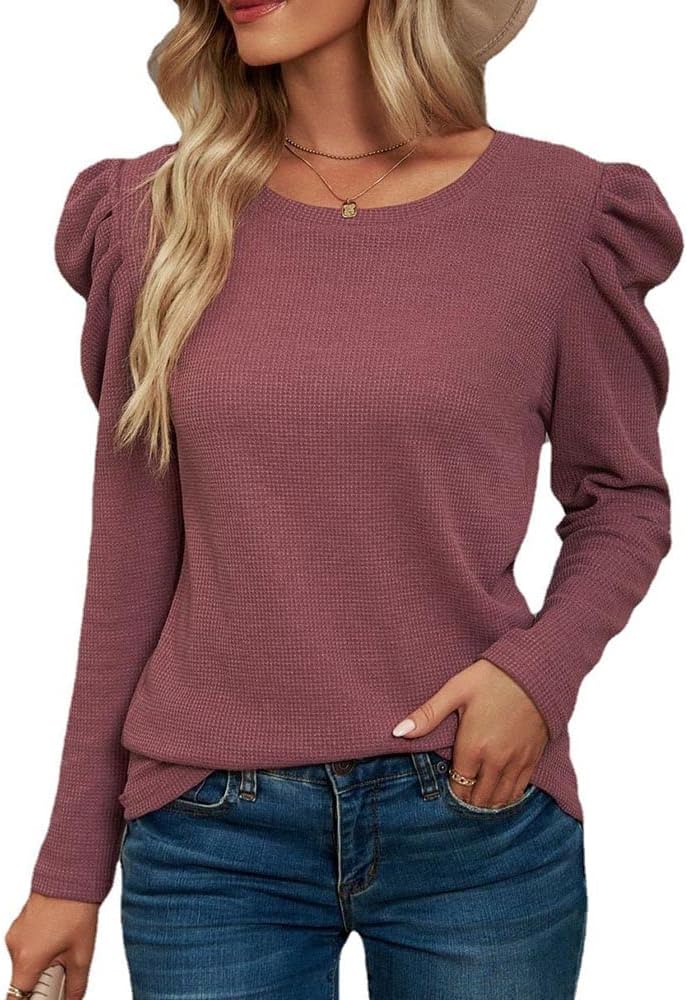 Womens Crewneck Tops Puff Sleeve Slim Fit Long Sleeve T-Shirt