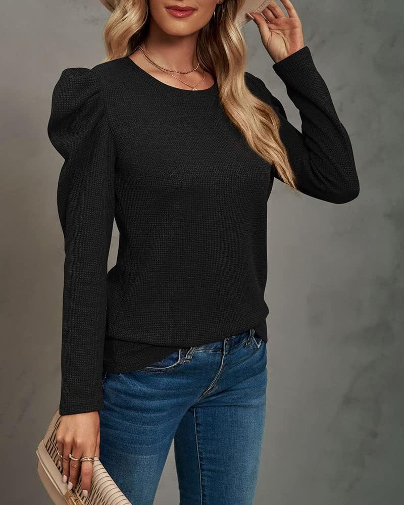 Womens Crewneck Tops Puff Sleeve Slim Fit Long Sleeve T-Shirt