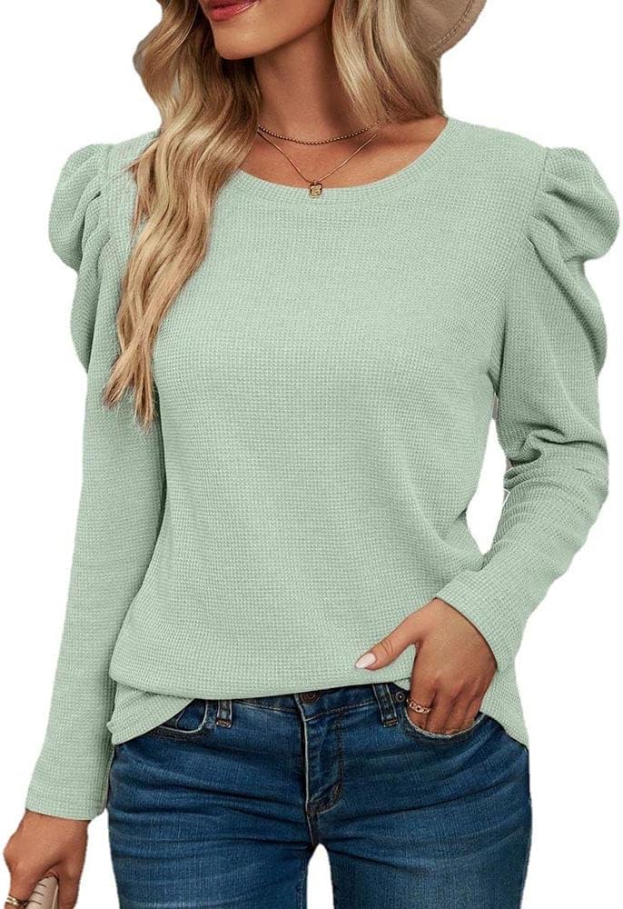 Womens Crewneck Tops Puff Sleeve Slim Fit Long Sleeve T-Shirt