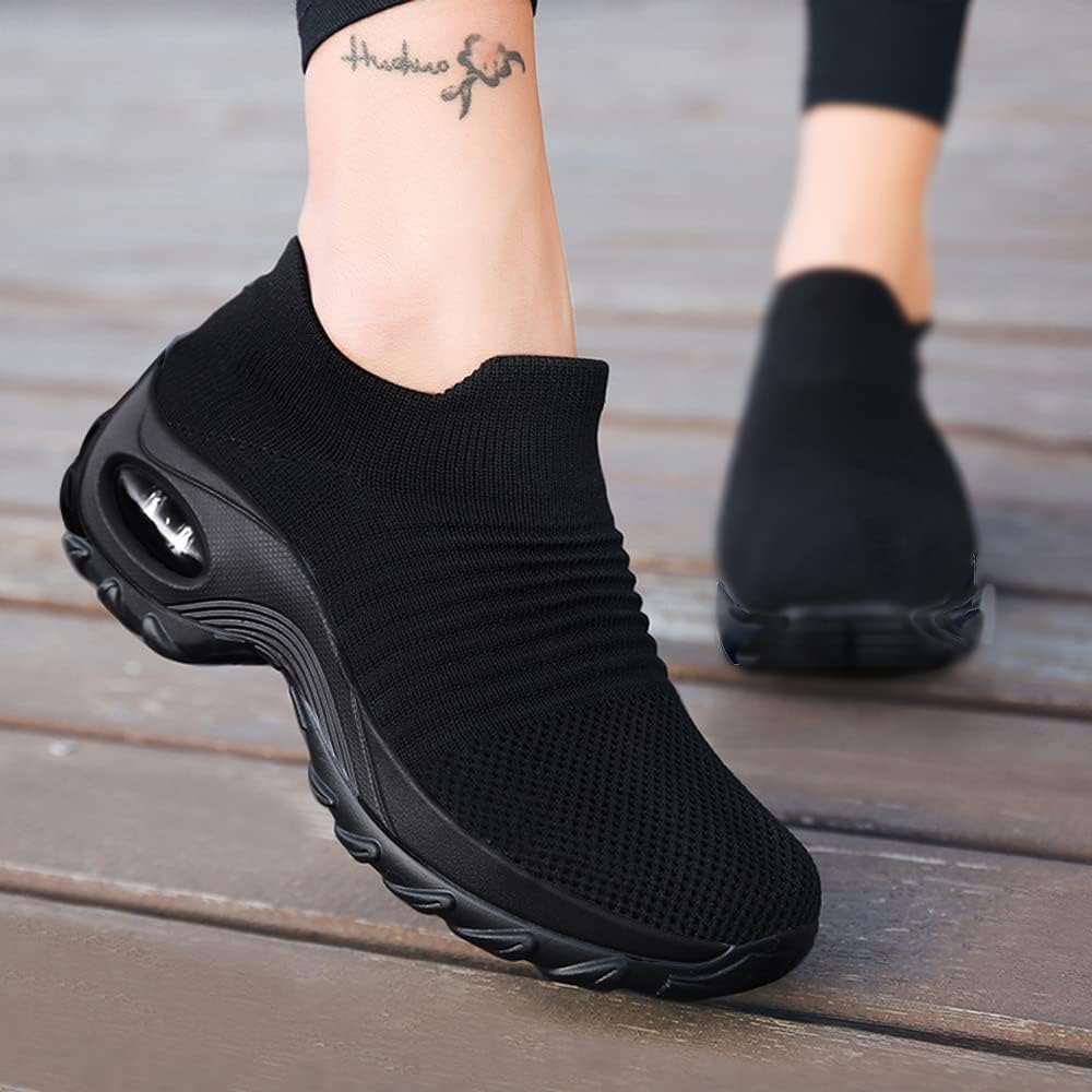 Stratuxx Kaze Womens Breathable Lightweight Knitted Mesh Walking Shoes Comfort Wedge Platform Fashion Sneakers Air Cushion Slip-on Sock Sneakers