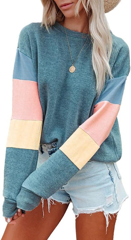 Stratuxx Kaze Womens Crew-neck Sweatshirt Long Sleeves Block Contrast colors Casual Pullover Cute Fleeces Tops Loose Fit