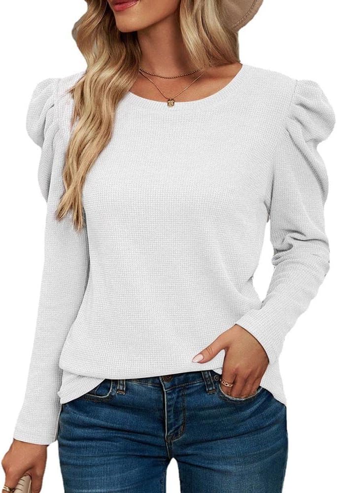 Womens Crewneck Tops Puff Sleeve Slim Fit Long Sleeve T-Shirt