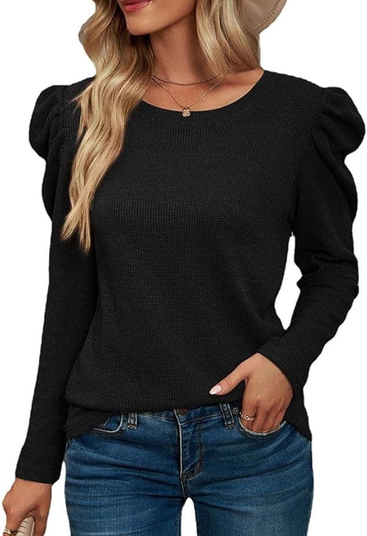 Womens Crewneck Tops Puff Sleeve Slim Fit Long Sleeve T-Shirt