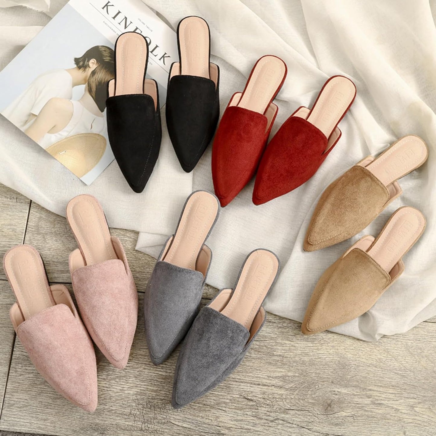 Stratuxx Kaze Women's Pointed Toe Mules Slip On Flats Mules Backless Flat Mule for Women Size 6-9