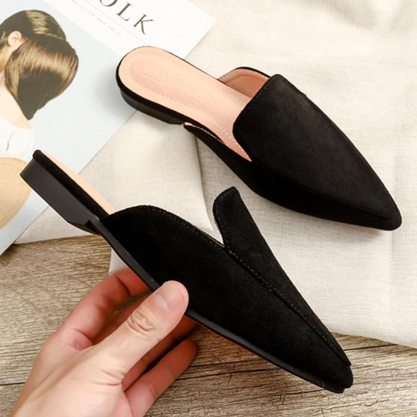 Stratuxx Kaze Women's Pointed Toe Mules Slip On Flats Mules Backless Flat Mule for Women Size 6-9