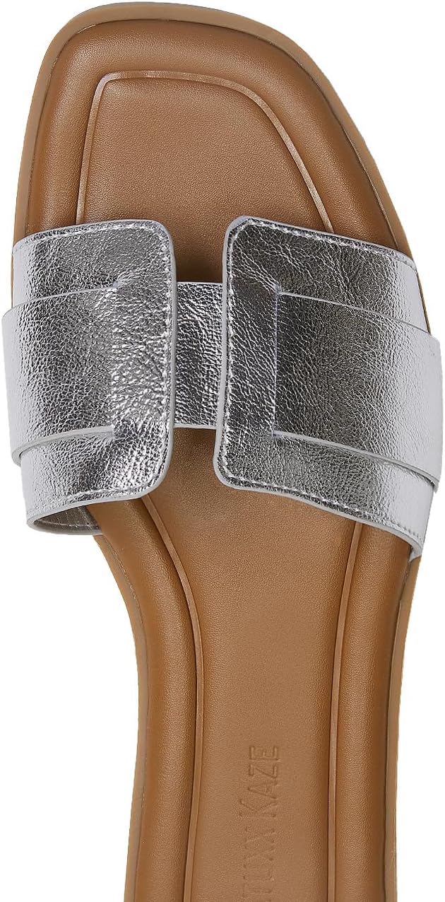 Stratuxx Kaze Womens Sandal Flat H-Band Slide Sandal,White, Black, Metallic Sandals