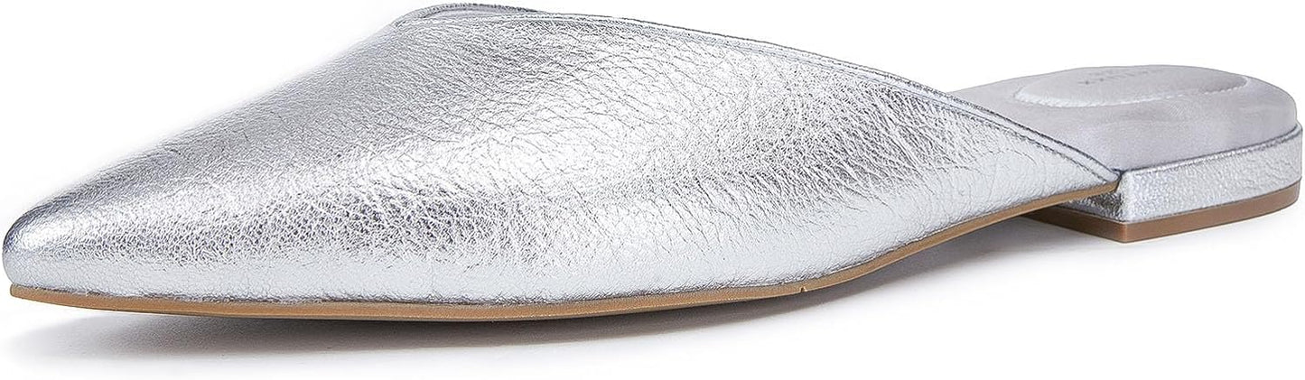 Stratuxx Kaze Women's Metallic Genuine Leather Flat Mules Closed Pointed Toe Backless Loafer Shoes