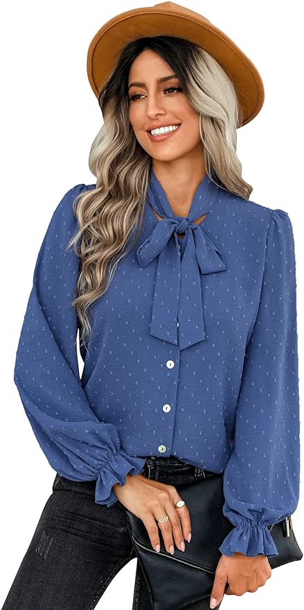 Women's Polka Dots Blouse Long Sleeve Button Down Shirt Casual Work Office Blouse Top