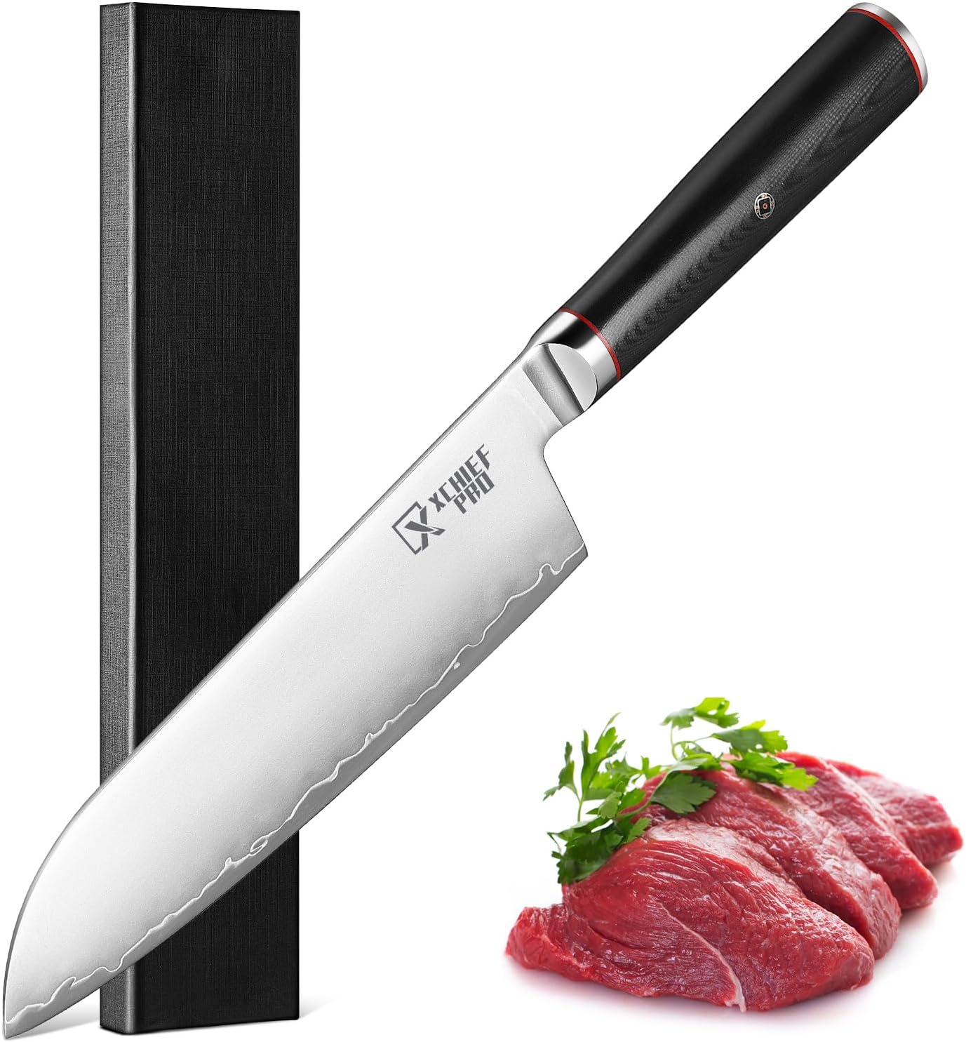 xchief pro Santoku Knife - 7" Razor Sharp Meat Cleaver, VG10 Alloy Stainless Core Kitchen Knife for Meat Cutting, Japanese Chef Knife for Home and Kitchen with Ergonomic G10 Handle