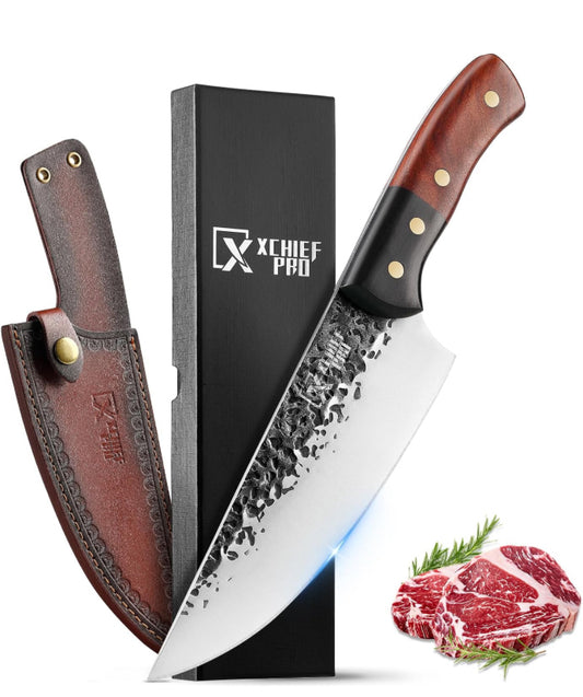 xchief pro 7" Chef Knife - Butcher Knife for Meat, Japanese High Carbon Meat Cleaver Knife, Hand Forged Meat Cutting Knife, Ultra Sharp Kitchen Knife for Home, Camping BBQ Cooking Knife